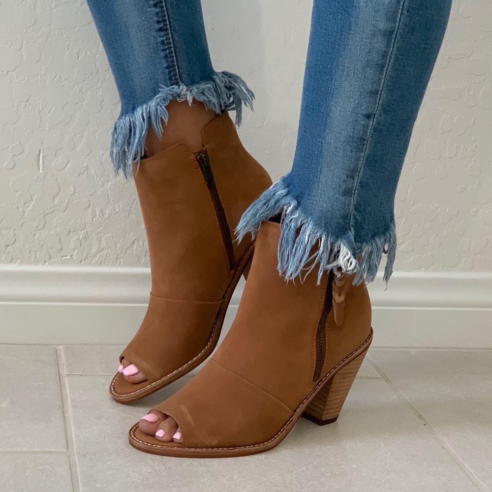 Cognac Genuine Leather Peep Toe Ankle Bootie - Picture 3 of 8